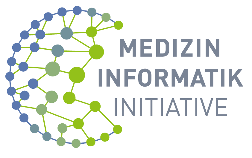 MII-Logo: viele kleine Punkte sind durch Linien miteinander verbunden und bilden so fast eine Kugel, daneben steht "Medizin-Informatik-Initiative"
