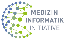 MII-Logo: viele kleine Punkte sind durch Linien miteinander verbunden und bilden so fast eine Kugel, daneben steht "Medizin-Informatik-Initiative"